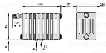 Схема (чертеж) Радиатор Zehnder Charleston 6035/9 №V007 Белый глянцевый RAL 9016